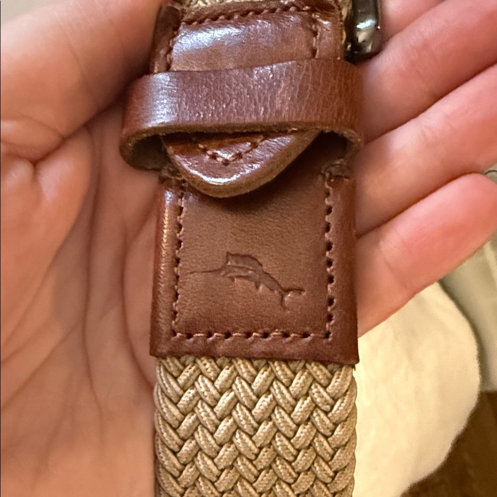 Men's Tan Woven Belt with Marlin Embossed Brown Leather Trim L/XL by Panama Jack